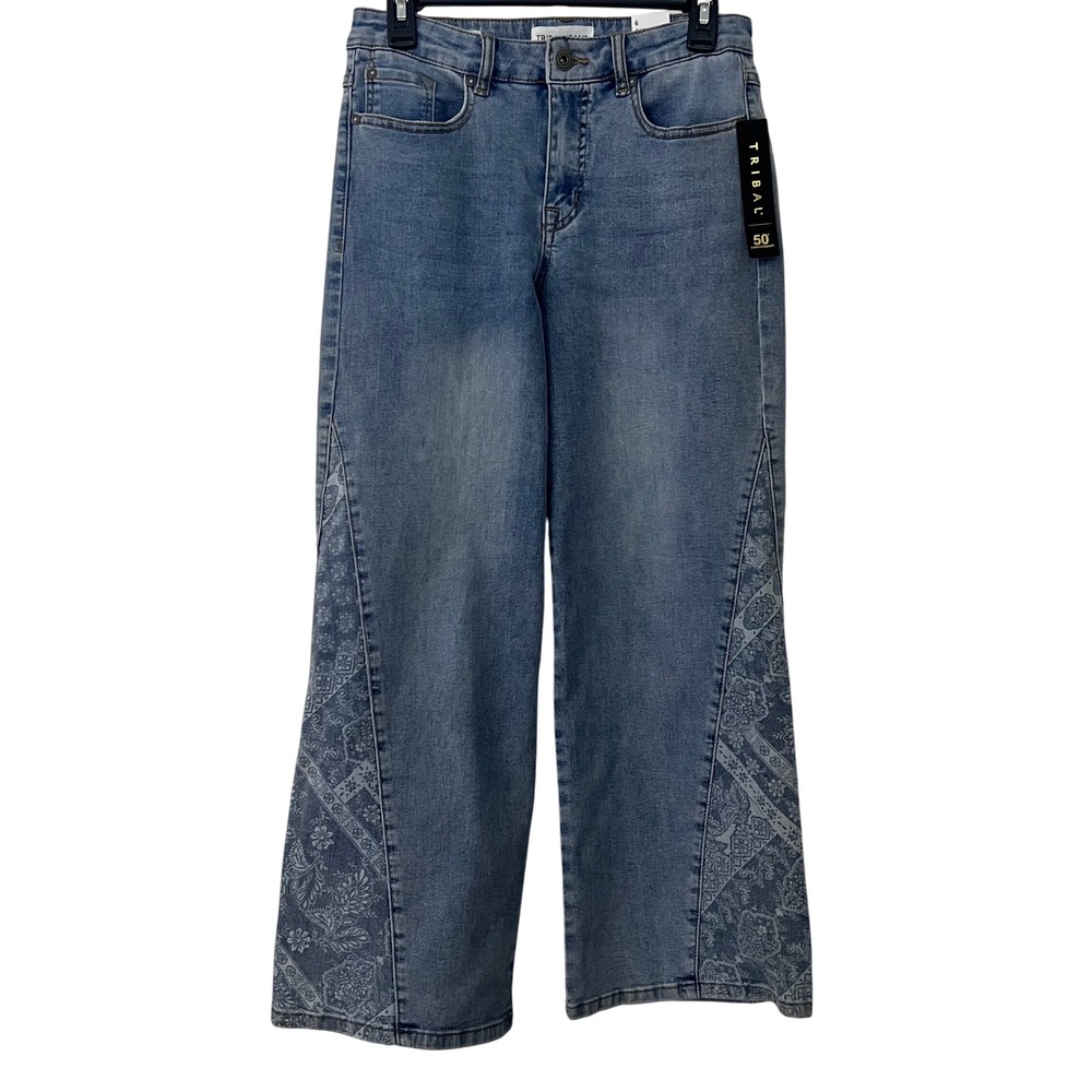 Tribal Jeans Audrey Mid-Rise Wide Leg Crop Paisley Print Denim Blue Size 6 NEW